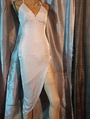 Shimmer High-Low Slip Dress with Thigh Slit - White